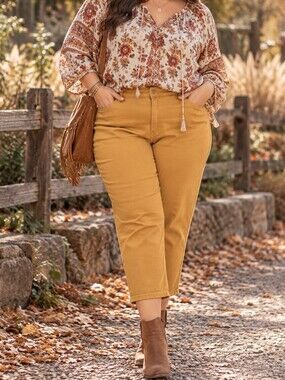 NWT Ava & Viv Plus Size Mustard Yellow Cotton Ankle Jeans Fall Boho